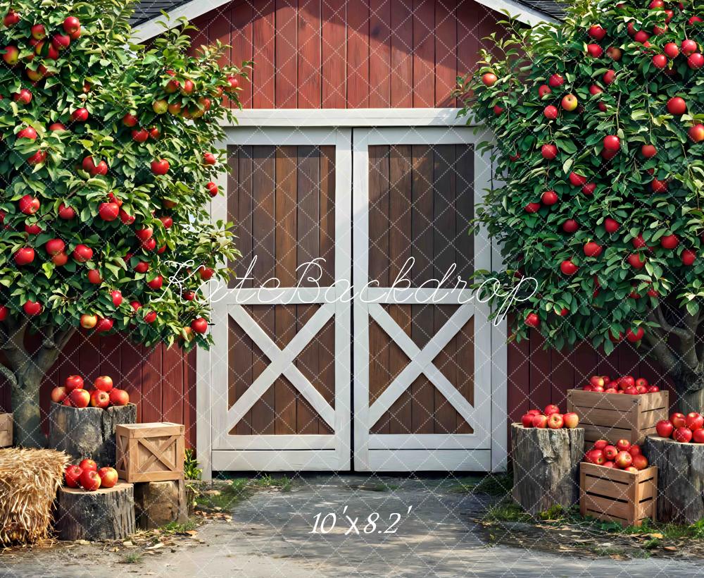 Kate Fall Red Barn Apple Trees Crates Hay Printed Backdrop Designed by Mini MakeBelieve