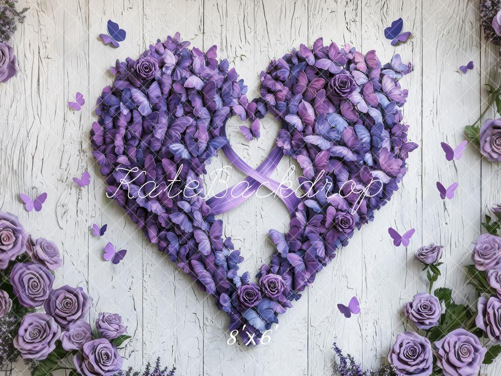 Sfondo in Legno con Farfalle e Cuori Floreali Viola Designed by Mini MakeBelieve