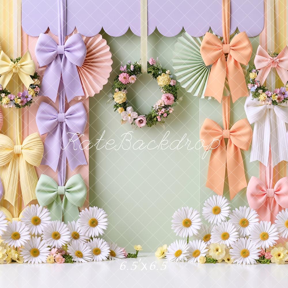 Kate Spring Pastel Bow Ribbons Floral Wreath Printed Backdrop Designed by Angela Miller