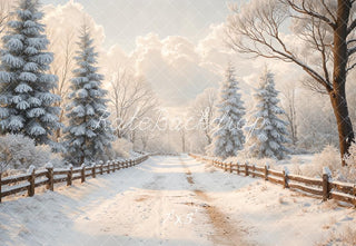 Kate Winter Snowy Road Pine Trees Fence Printed Backdrop Designed by Emetselch