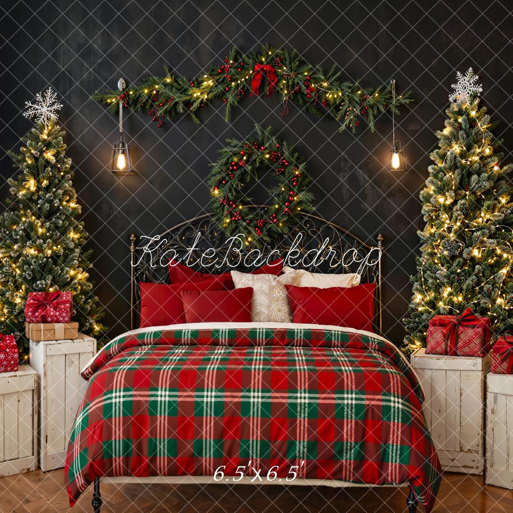Kate Christmas Bedroom Garland Wreath Trees Red Plaid Backdrop Designed by Emetselch