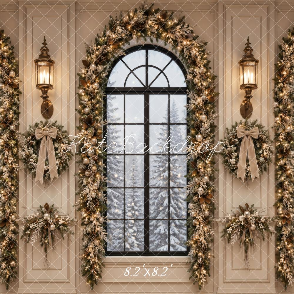Kate Christmas Elegant Garland Arched Windows Printed Backdrop Designed by Vertigo Productions