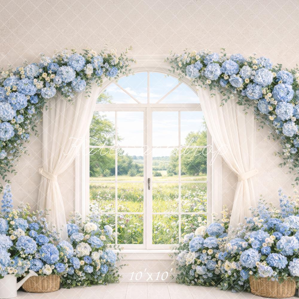 Kate Spring Flower Arch Blue Hydrangea Window Curtains Backdrop Designed by Megan Leigh Photography