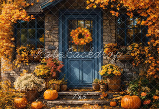 Kate Fall Pumpkin Blue Doorstep Printed Backdrop Designed by Emetselch