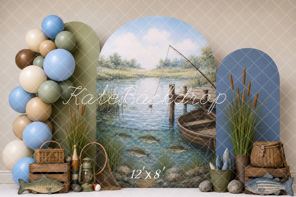 Kate Cake Smash Fishing Dock Boat Lake Scene Printed Backdrop Designed by Shutter Swan Studios