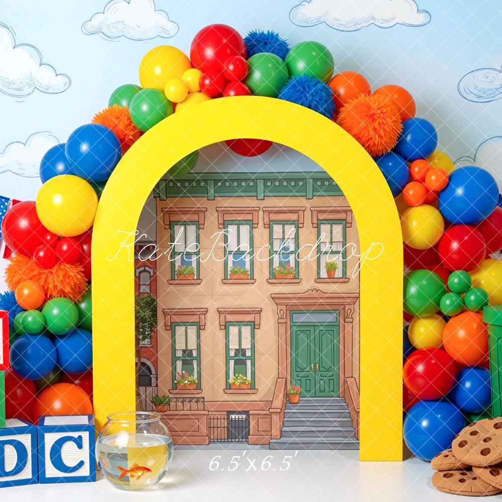 Kate Back to School Rainbow Balloon Arch ABC Blocks Printed Backdrop Designed by Mini MakeBelieve