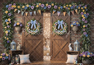 Kate Easter Bunny Pastel Flower Arch Barn Door Printed Backdrop Designed by Mini MakeBelieve