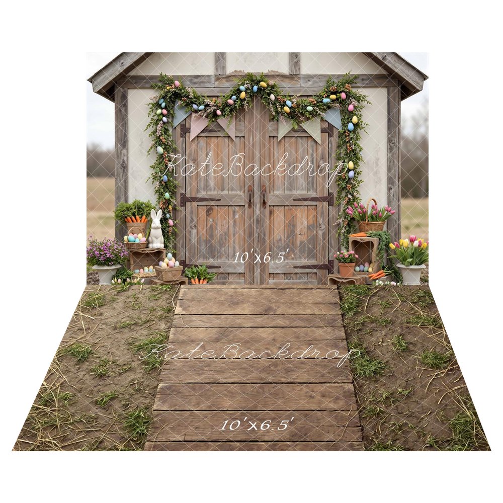 Kate Easter Bunny Eggs Rustic Barn Flowers Backdrop+Wooden Pathway with Dirt and Grass Floor Backdrop