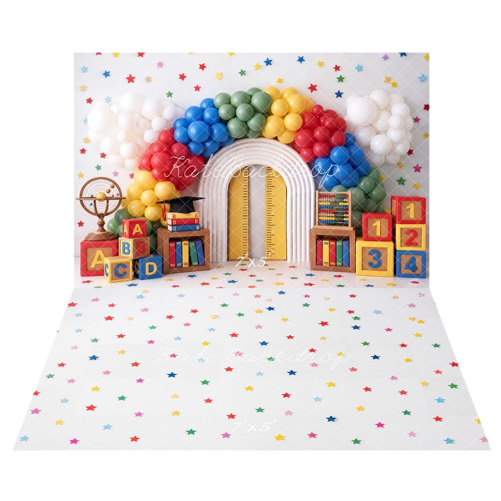 Kate Back to School Rainbow Balloon Arch Books Blocks Printed Backdrop+Colorful Star Pattern White Grid Printed Backdrop