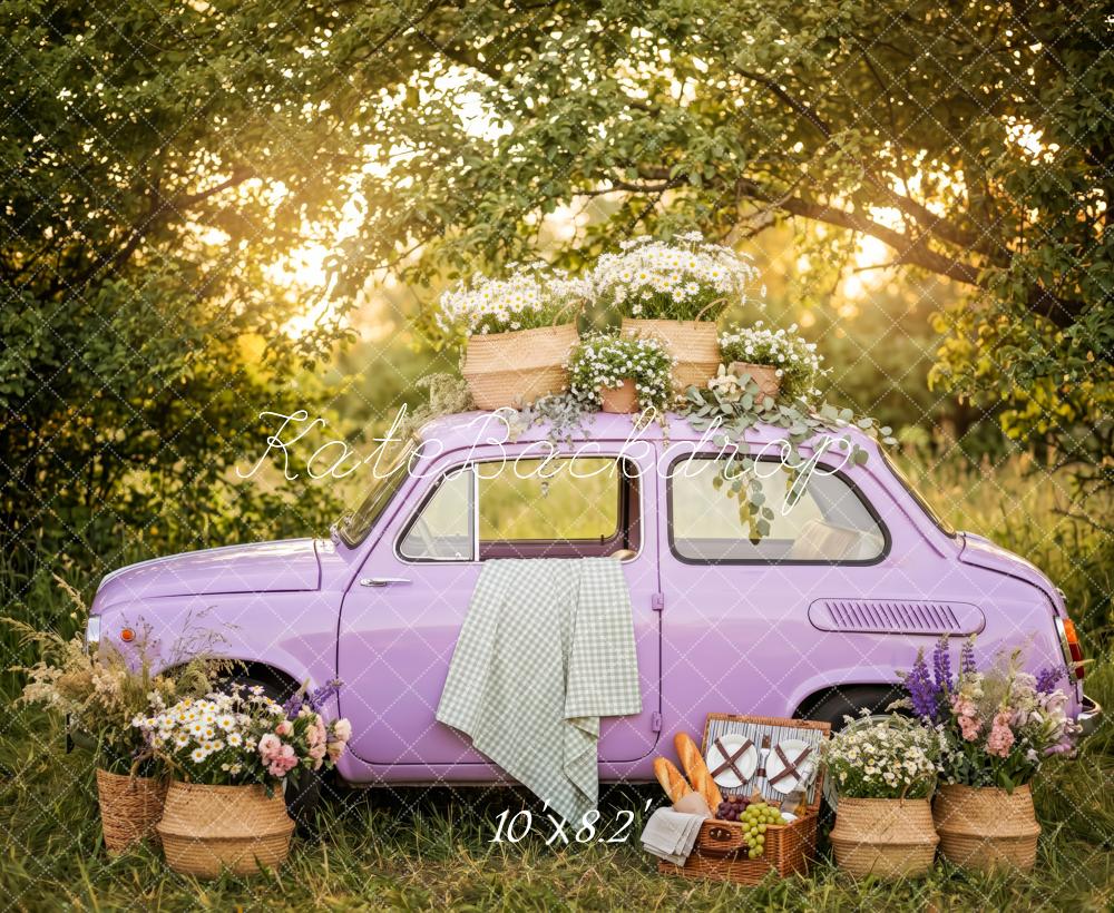 Kate Forest Purple Vintage Car Picnic Flowers Printed Backdrop Designed by Patty Roberts