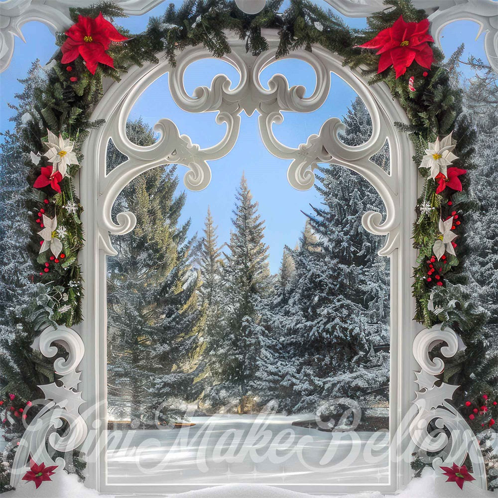 Kate Christmas Forest White Retro Floral Gate Backdrop Designed by Mini MakeBelieve