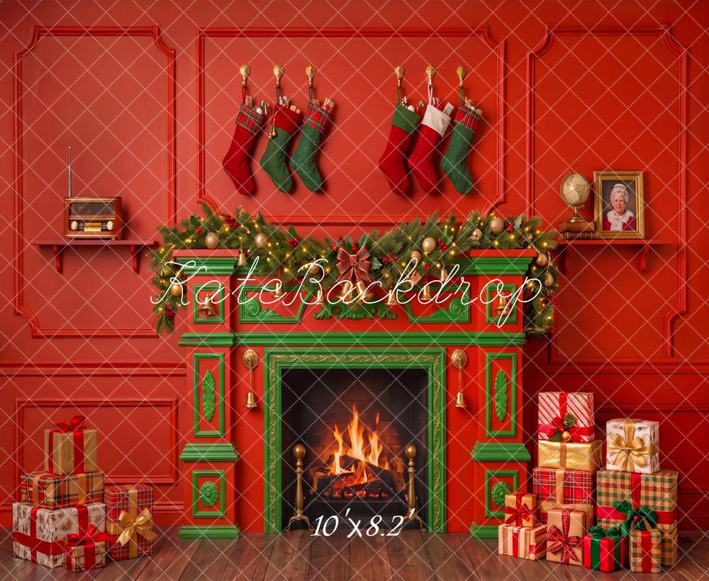 Kate Christmas Red Fireplace Stockings Presents Printed Backdrop Designed by Angela Miller