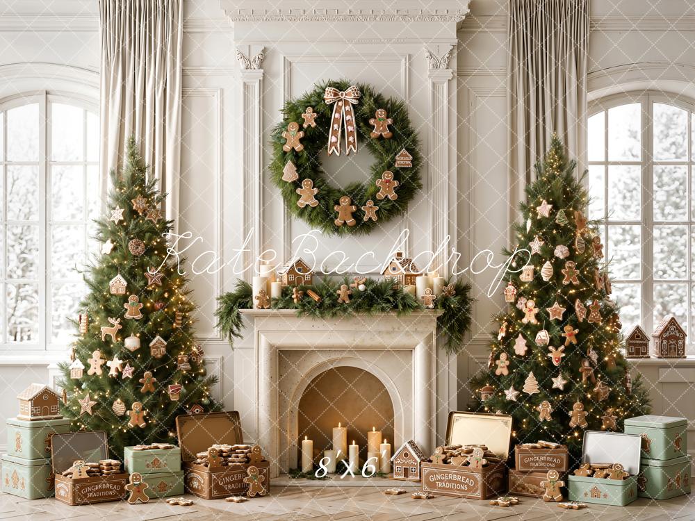 Kate Christmas Gingerbread Trees Wreath Fireplace Gifts Window Printed Backdrop Designed by Emetselch