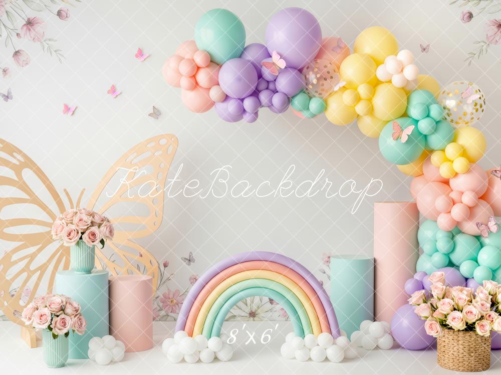 Kate Cake Smash Pastel Balloon Arch Butterfly Rainbow Flowers Printed Backdrop Designed by Patty Roberts