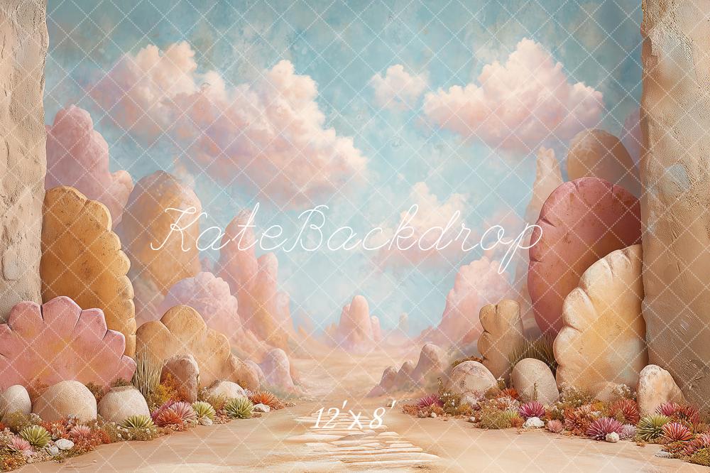 Kate Fantasy Pastel Rocks Clouds and Succulent Plants Printed Backdrop Designed by Angela Miller
