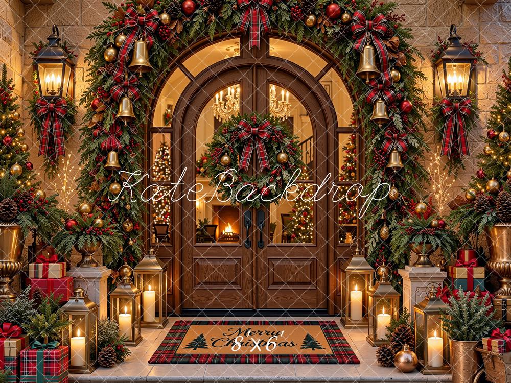 Kate Christmas Arched Doorway Garland Lanterns Brown Printed Backdrop Designed by Shutter Swan Studios