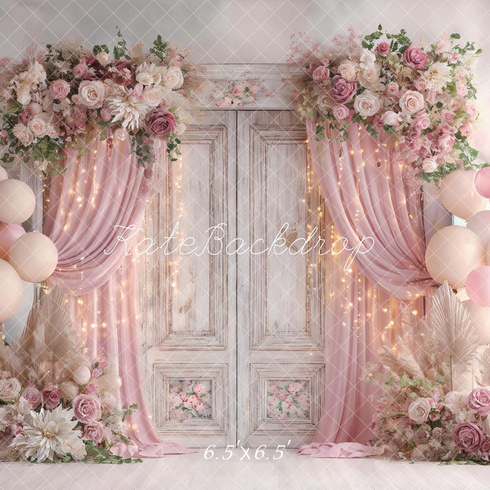 Kate Valentine Flower Balloons Drapes Vintage Doors Pink Backdrop Designed by Ashley Paul