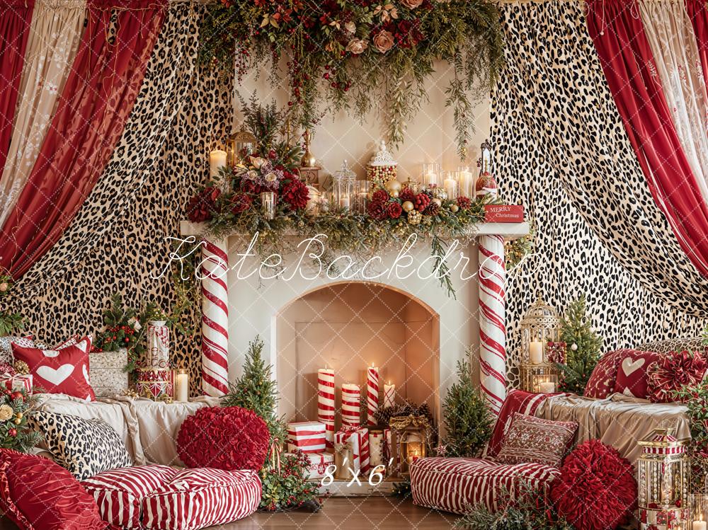 Kate Valentines Leopard Curtains Fireplace Red Pillows Sofa Backdrop Designed by Emetselch