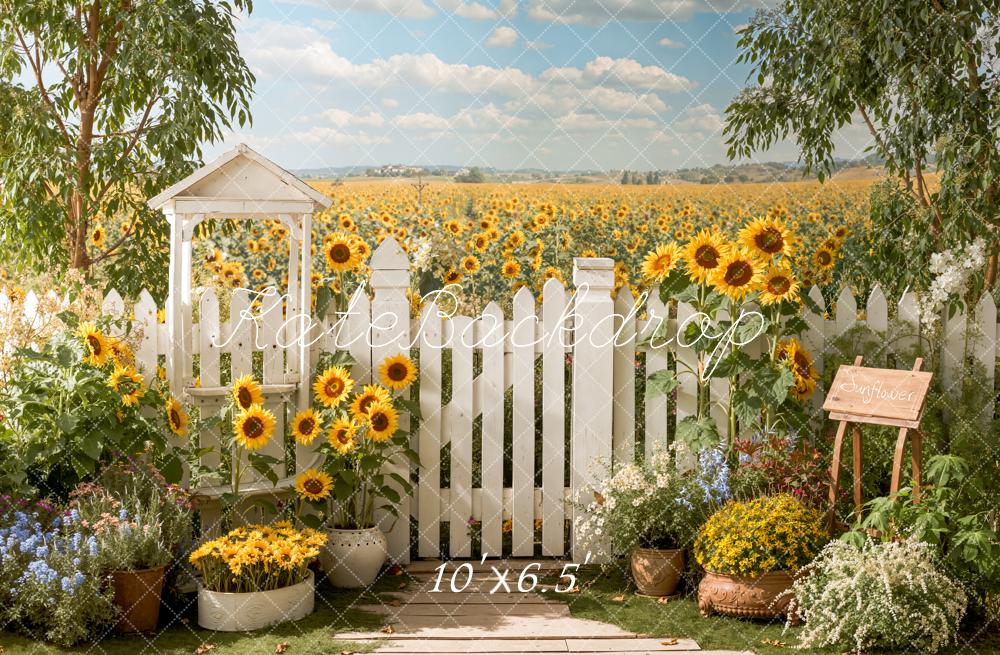 Kate Summer Sunflower Field White Picket Fence Garden Printed Backdrop Designed by Emetselch