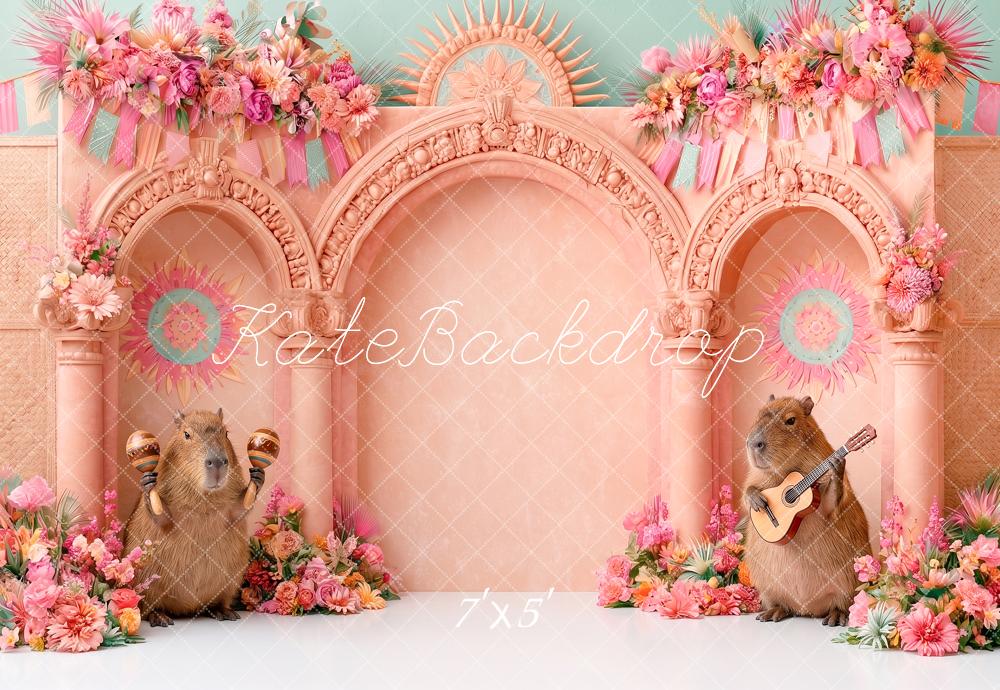 Kate Cake Smash Pink Arch Capybara Musicians Flower Printed Backdrop Designed by Angela Miller