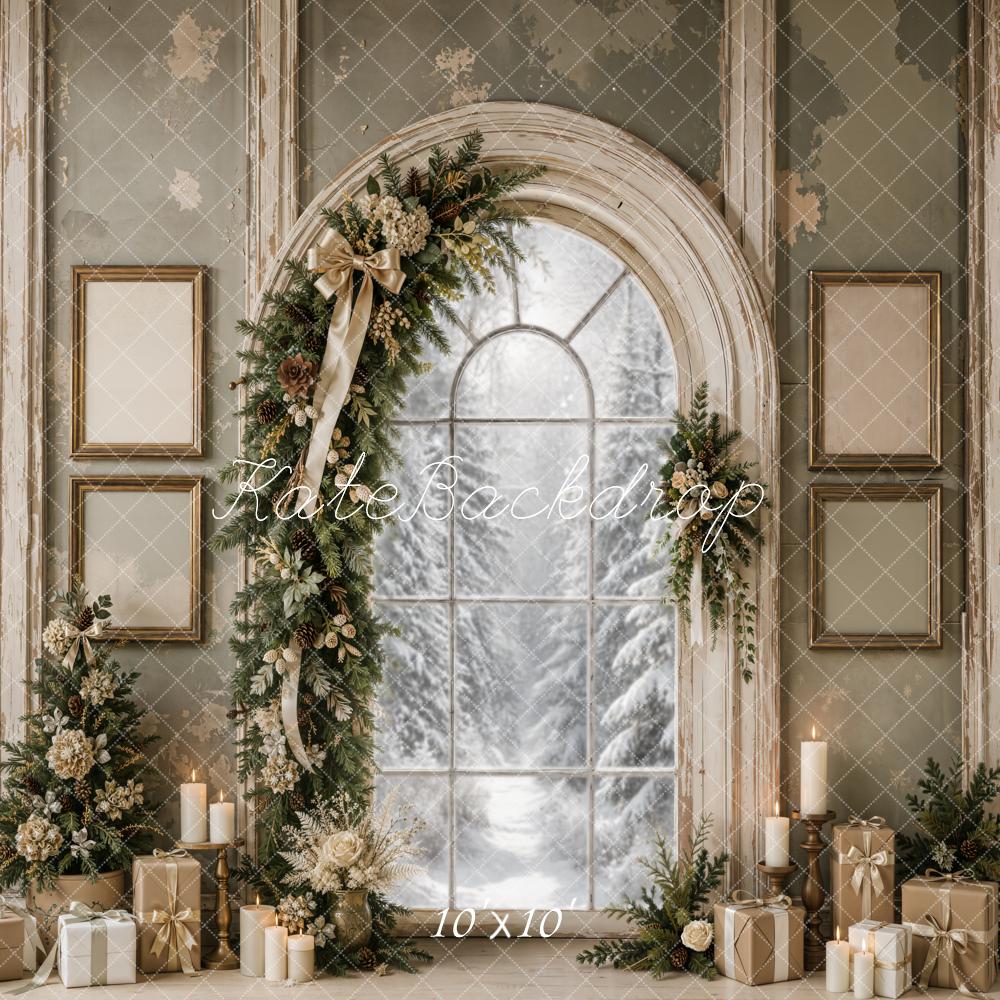 Kate Christmas Vintage Evergreen Garland Arch Snowy Window Printed Backdrop Designed by Emetselch