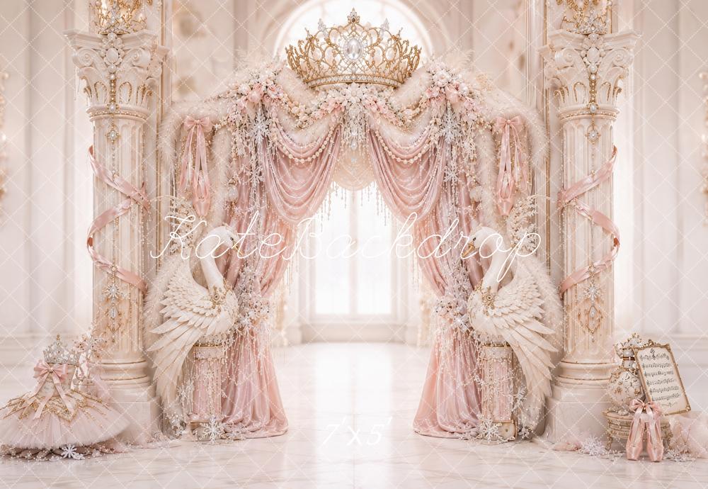 Kate Birthday Fantasy Luxury Pink Palace Swans Crown Drapes Printed Backdrop Designed by Ashley Paul