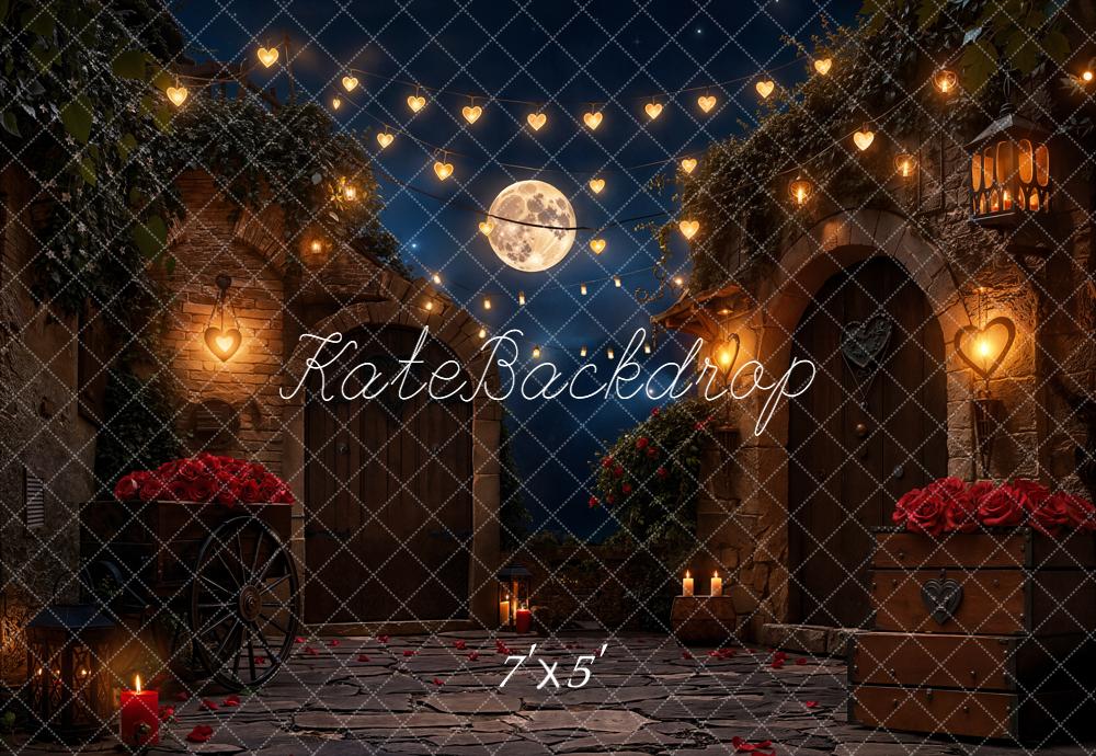 Kate Valentine Moonlit Courtyard Heart Lights Red Roses Backdrop Designed by Emetselch