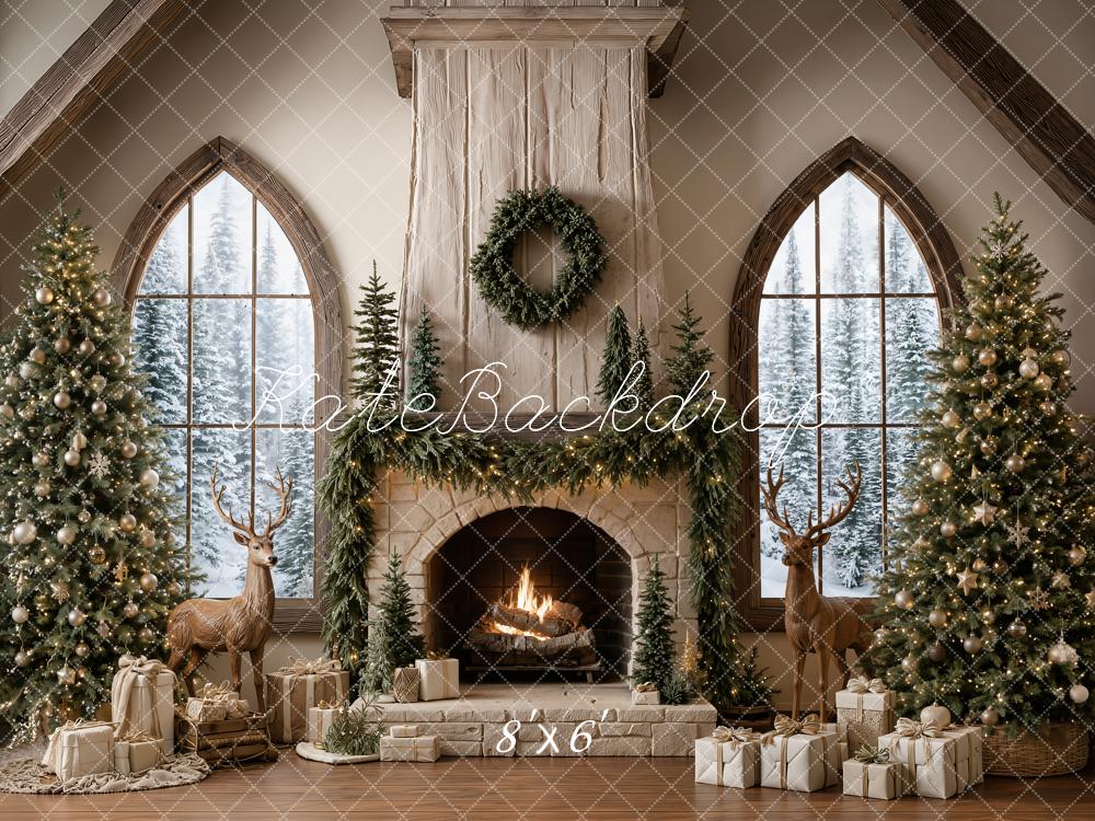 Kate Christmas Fireplace Reindeer Trees Garland Window Presents Printed Backdrop Designed by Emetselch