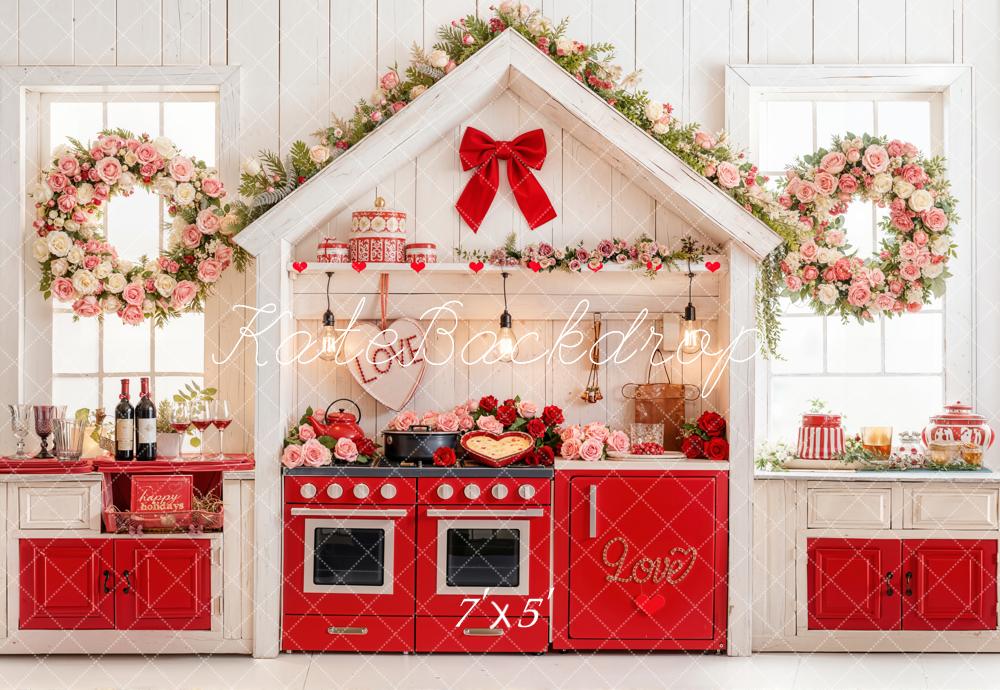 Kate Valentine's Day Kitchen Baking Red Roses Wreath Bow Backdrop Designed by Emetselch
