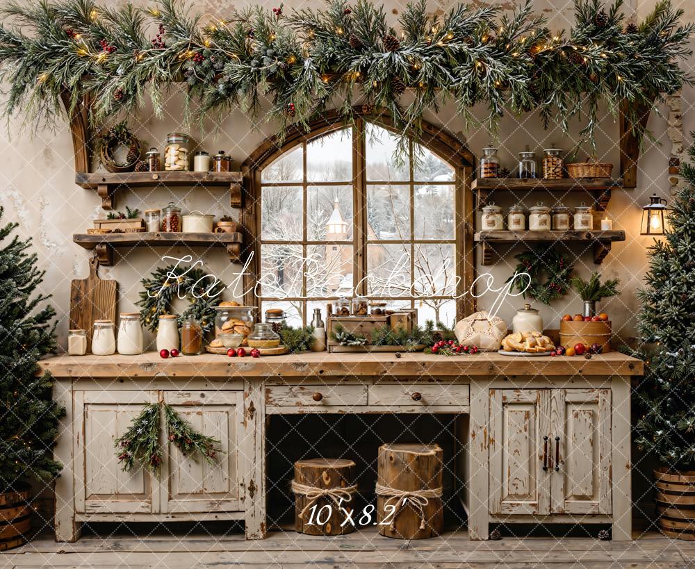 Kate Christmas Kitchen Rustic Window Garland Pine Trees Backdrop Designed by Emetselch