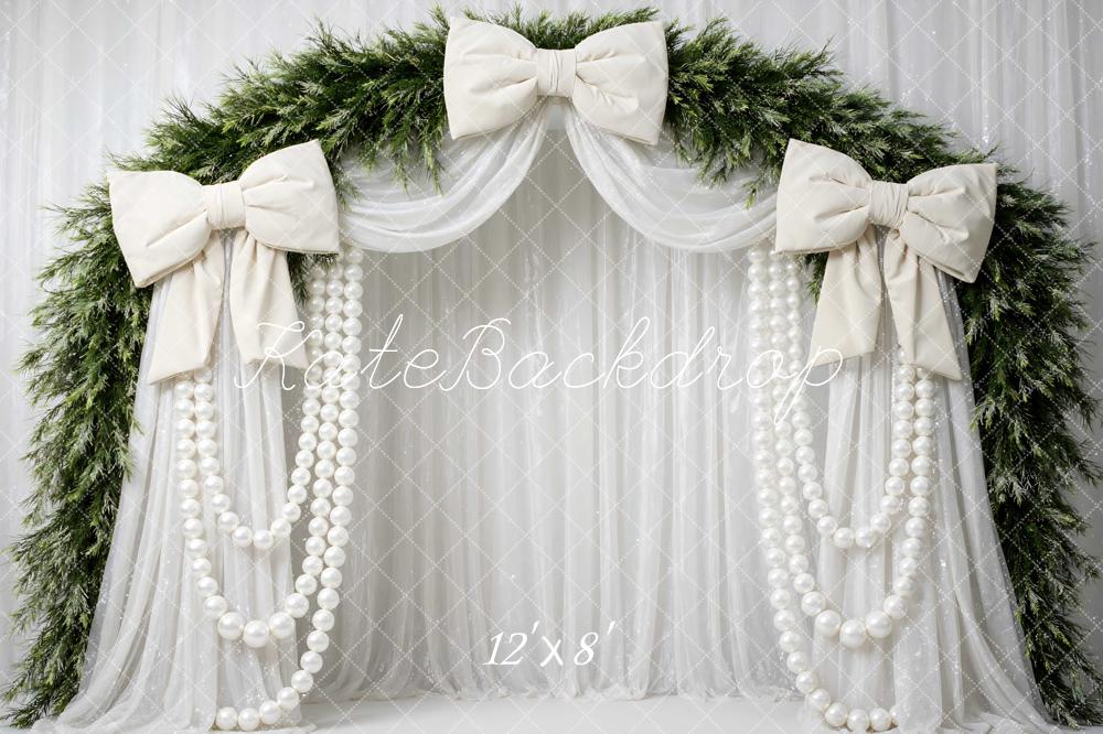 Kate Christmas Bows Pearls Garland Flower Arch Greenery Drapes Printed Backdrop Designed by Mini MakeBelieve