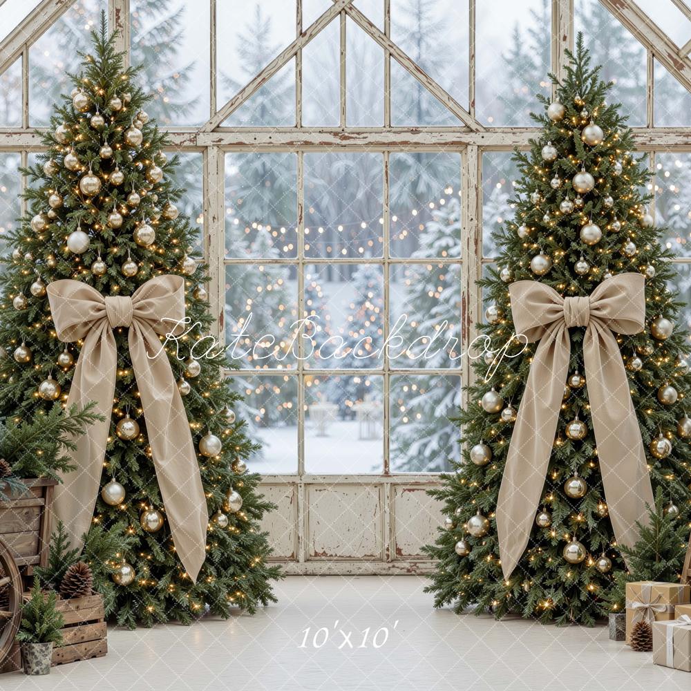 Kate Christmas Greenhouse Trees Bows Gifts Beige Printed Backdrop Designed by Mini MakeBelieve