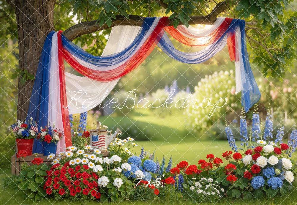 Kate 4th Of July Patriotic Red White Blue Drapes Garden Flowers Printed Backdrop Designed by Emetselch