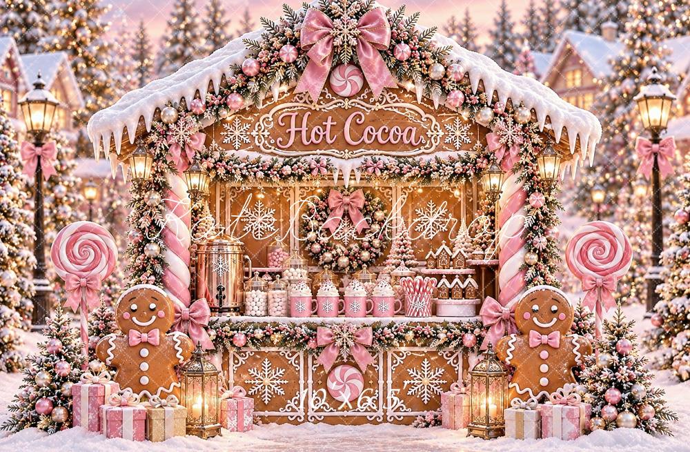 Kate Christmas Pink Gingerbread Hot Cocoa Stand Snowy Printed Backdrop Designed by Ashley Paul