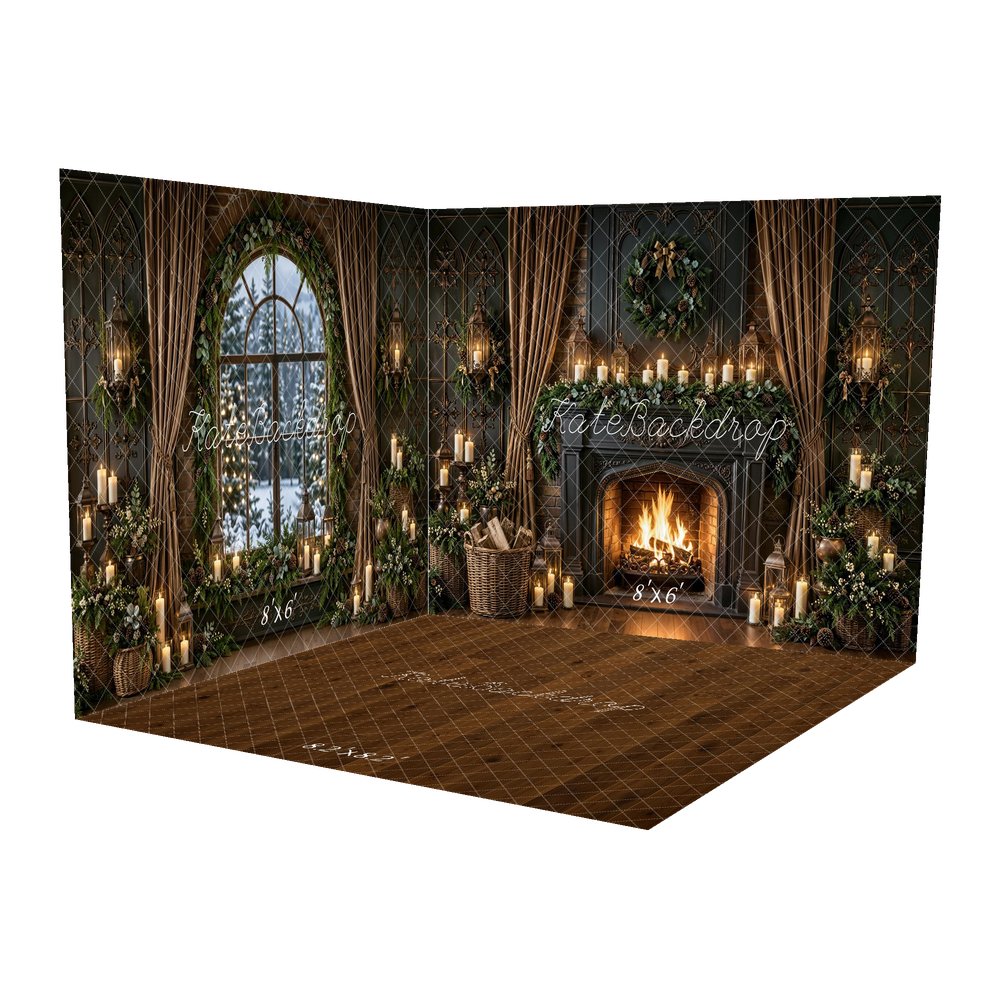 Kate Christmas Vintage Fireplace Wreath Candlelight Window Greenery Printed Backdrop Room Set