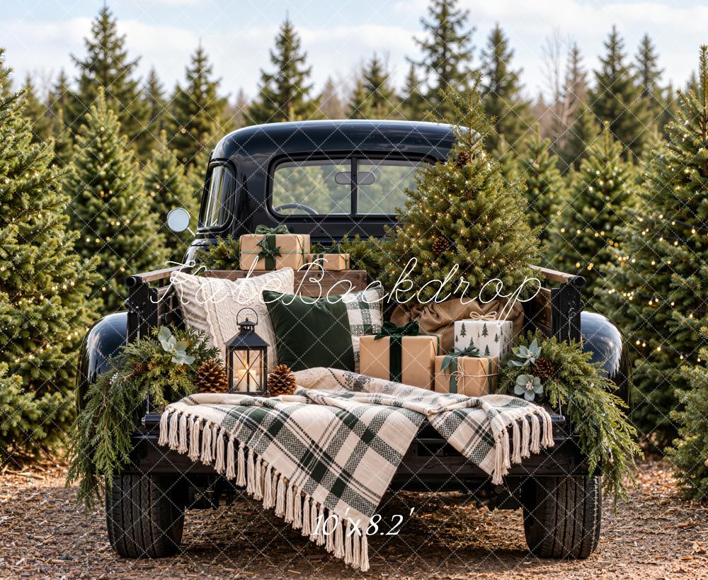 Kate Christmas Forest Vintage Black Truck Gifts Plaid Blanket Printed Backdrop Designed by Emetselch