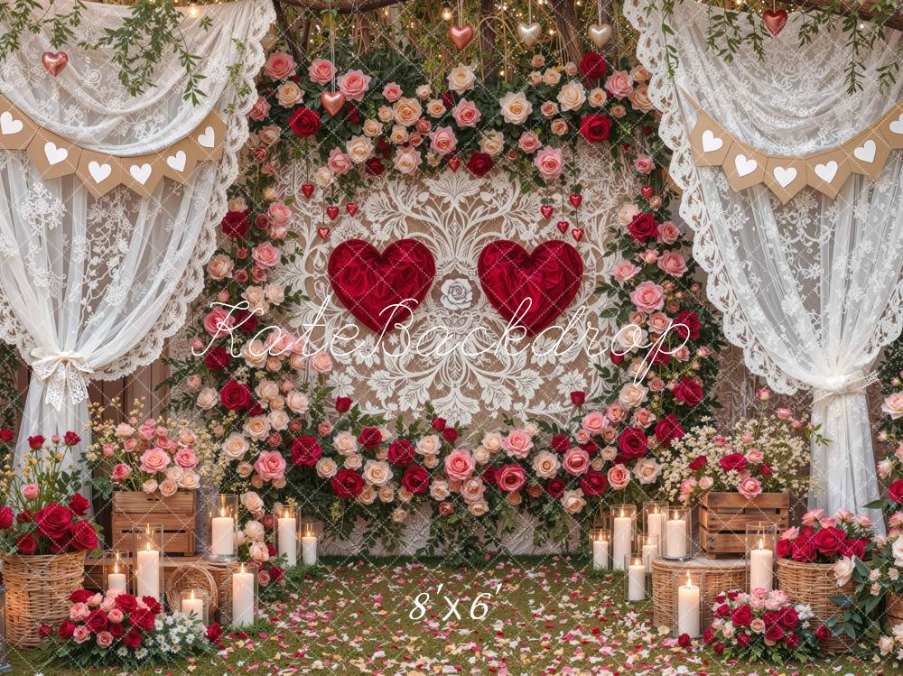 Kate Valentine's Day Lace Curtains Flower Branch Arch Heart Printed Backdrop Designed by Mini MakeBelieve