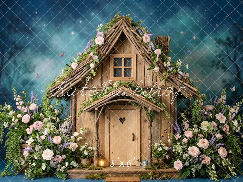 Kate Fairy Fantasy House Flowers Night Blue Printed Backdrop Designed by Patty Roberts
