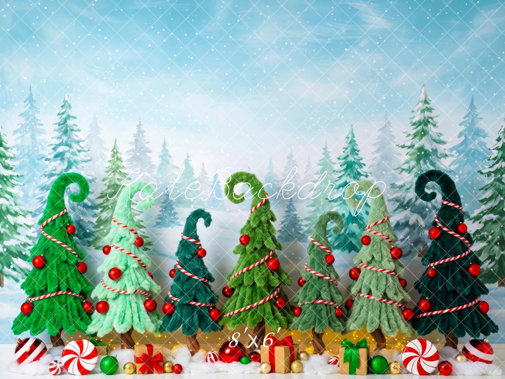 Kate Christmas Whimsical Trees Candy Gifts Snowy Forest Printed Backdrop Designed by Patty Roberts