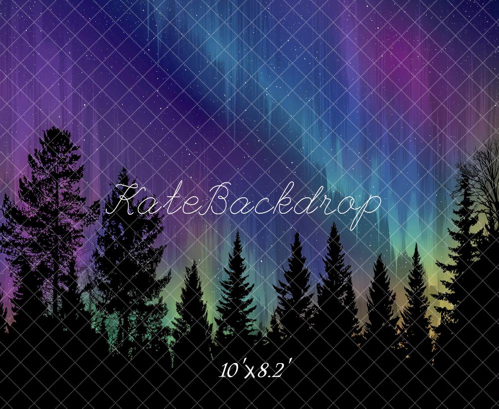 Kate Aurora Borealis Night Forest Printed Backdrop Designed by Angela Miller