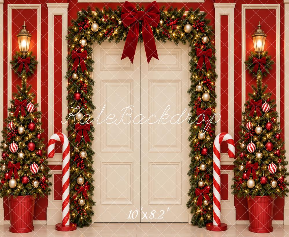 Kate Christmas Door Garland Arch Trees Red Wall Printed Backdrop Designed by Vertigo Productions