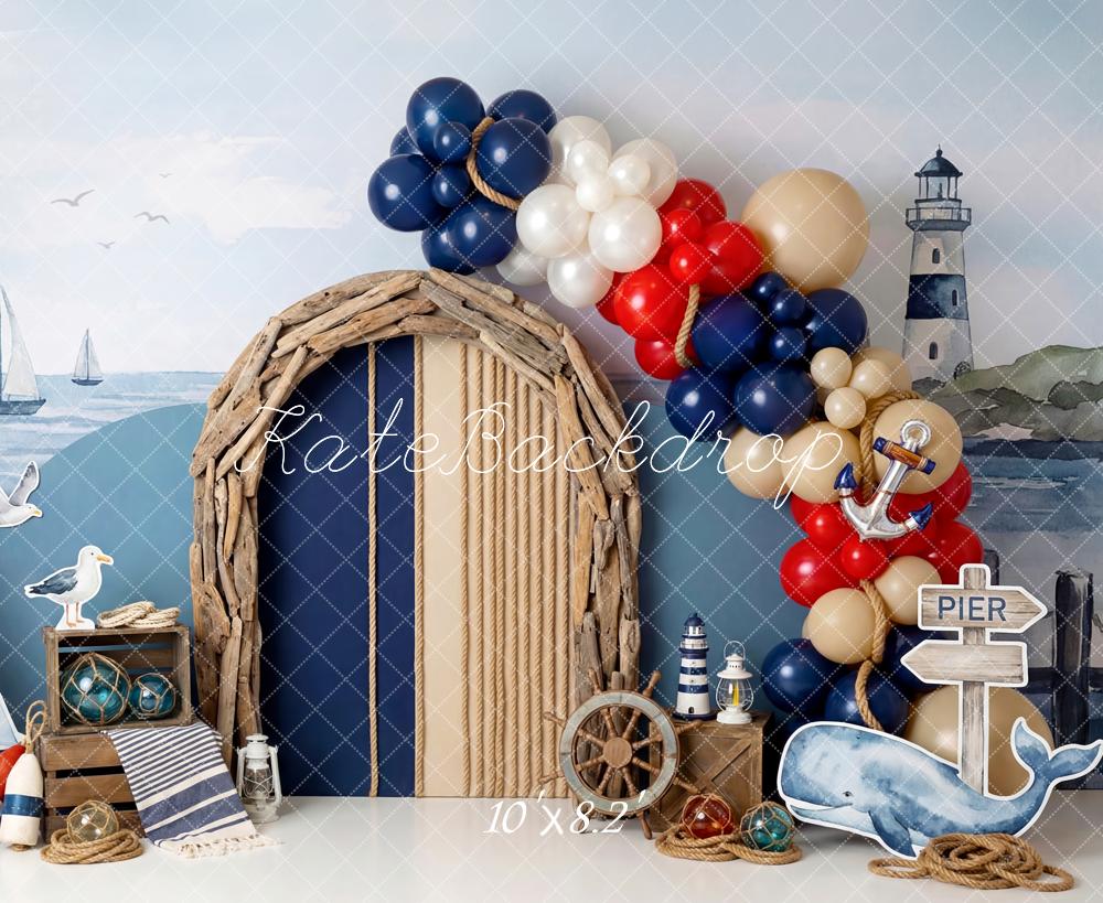 Kate Cake Smash Nautical Sailboats Lighthouse Driftwood Arch Balloons Printed Backdrop Designed by Patty Roberts