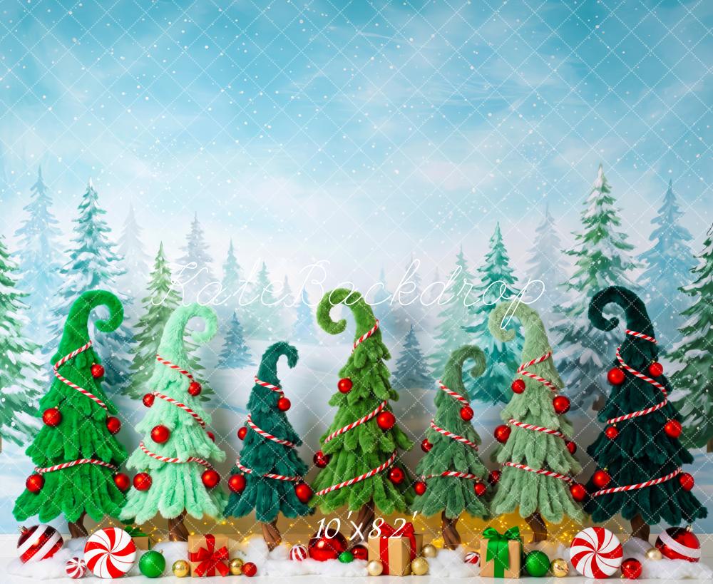Kate Christmas Whimsical Trees Candy Gifts Snowy Forest Printed Backdrop Designed by Patty Roberts