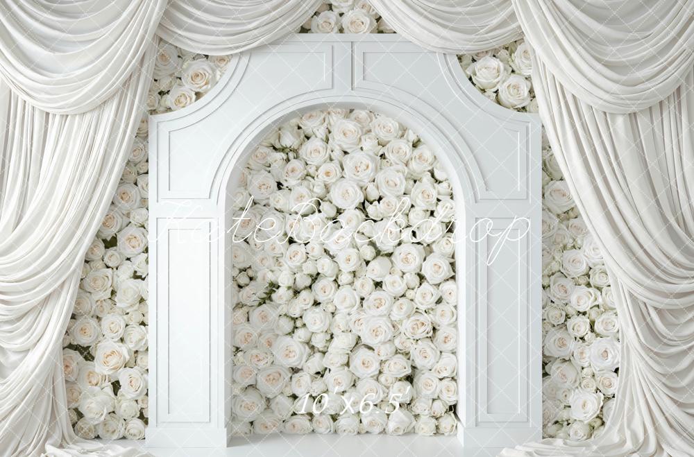 Kate White Flower Arch Draped Curtains Printed Backdrop Designed by Mini MakeBelieve