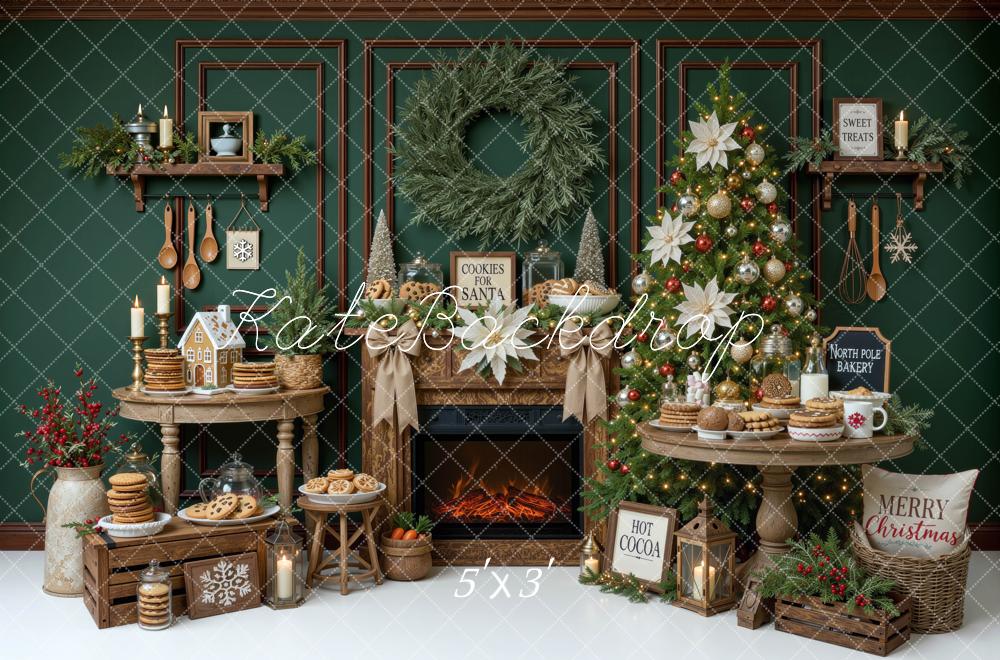 Kate Christmas Fireplace Tree Cookie Wreath Dessert Table Green Printed Backdrop Designed by Mini MakeBelieve