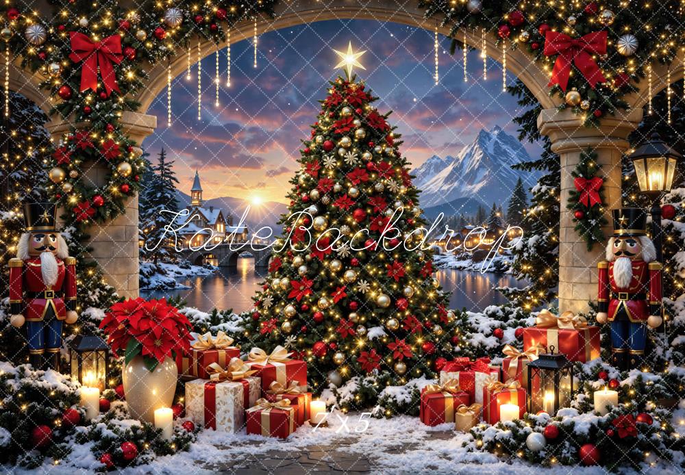 Kate Christmas Tree Nutcracker Presents Archway Snowy Village Printed Backdrop Designed by Mini MakeBelieve