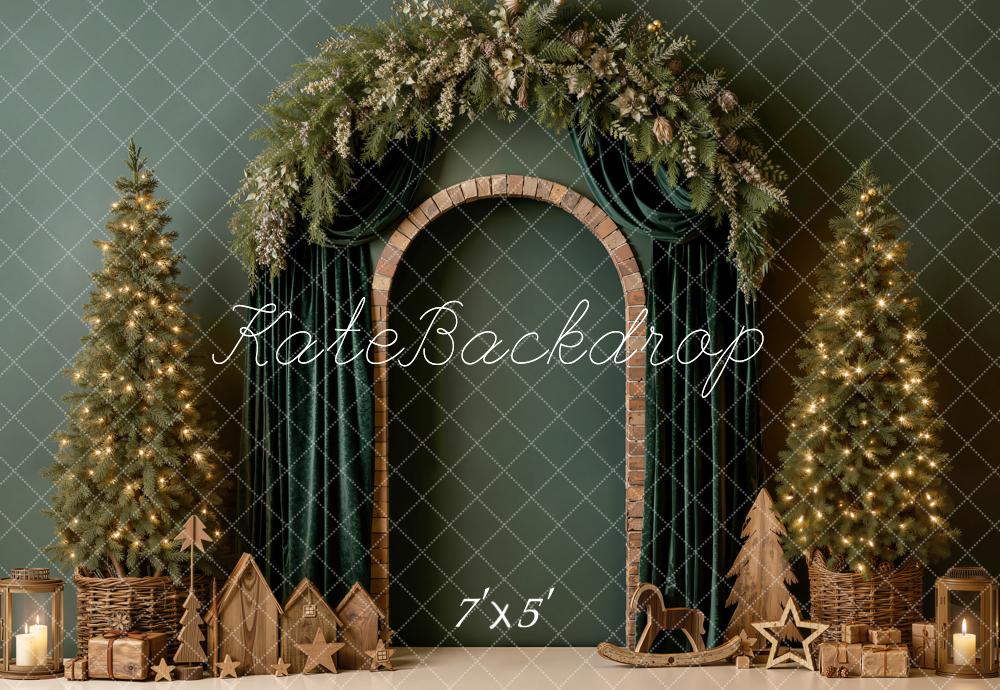 Kate Christmas Trees Green Curtains Arch Gifts Wood Printed Backdrop Designed by Emetselch