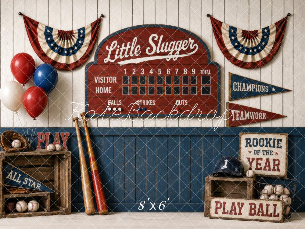 Kate Baseball Vintage Scoreboard Bats Crates Balloons Bunting Printed Backdrop Designed by Shutter Swan Studios