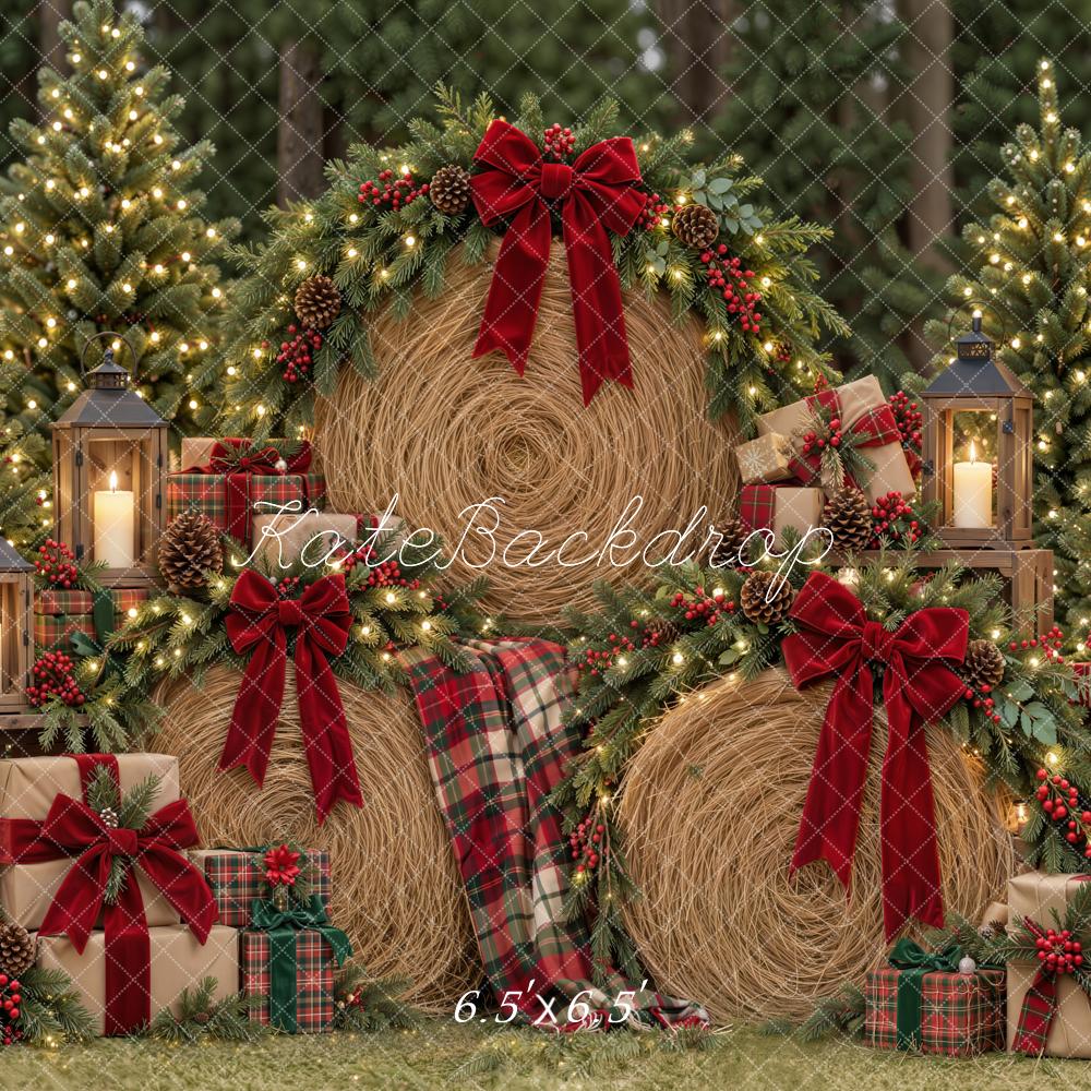 Kate Christmas Hay Bale Wreaths Red Bow Tartan Gifts Trees Printed Backdrop Designed by Emetselch