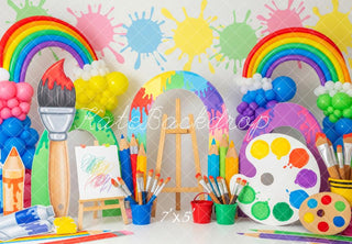 Kate Birthday Rainbow Paint Splatter Art Palette Paintbrush Printed Backdrop Designed by Patty Roberts